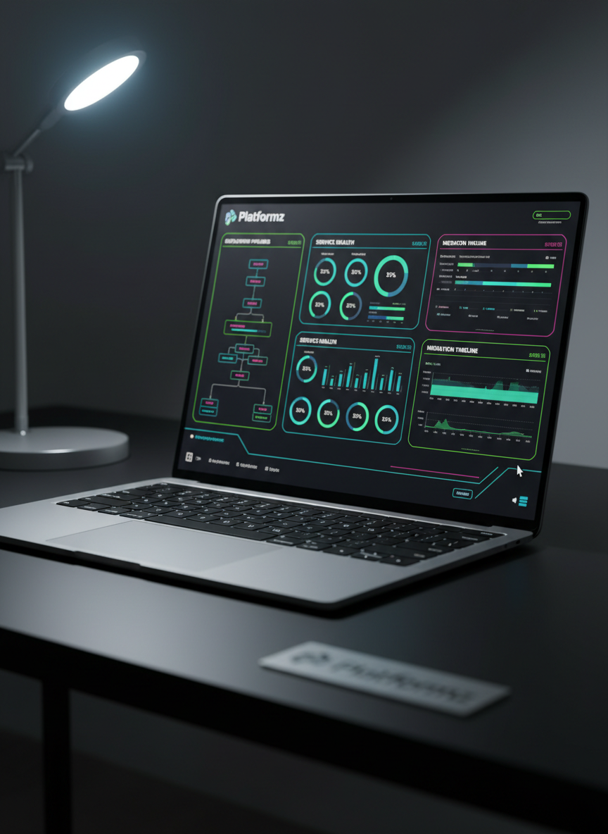 A close-up of a high-resolution laptop screen running a detailed Platformz project dashboard for a complex enterprise migration. Multiple panels show deployment pipelines, service health indicators, and timeline visualizations, all in a cohesive design language with dark background, vibrant accent lines, and clean typography-like shapes. The laptop rests on a matte black desk with a small metal plaque etched with “Platformz” as a subtle brand hint, no readable logo text. Cool, focused task lighting from an adjustable desk lamp falls across the keyboard and lower bezel, creating gentle reflections and emphasizing the crispness of the interface. Shot from a three-quarter angle with shallow depth of field, isolating the dashboard as the hero. Photographic, modern, and distinctly technical.