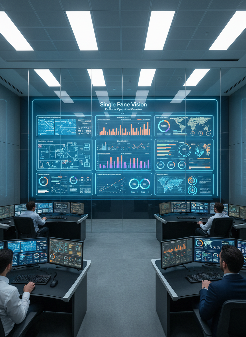 A large wall-mounted display showing the “Single Pane Vision” for Platformz: a single, unified operational view combining infrastructure status, product KPIs, and customer insights in neatly organized cards and charts. Around the display, a contemporary glass-walled control room features multiple smaller screens echoing the same design language, suggesting coherence and control. Cool, balanced LED ceiling lights create even illumination, with subtle reflections on glass surfaces. The mood is confident and strategic, like a mission control for modern platforms. Captured from a slightly low angle to emphasize the central screen, with strong clarity across the frame. Photographic realism, clean and uncluttered, with a sense of purposeful order.