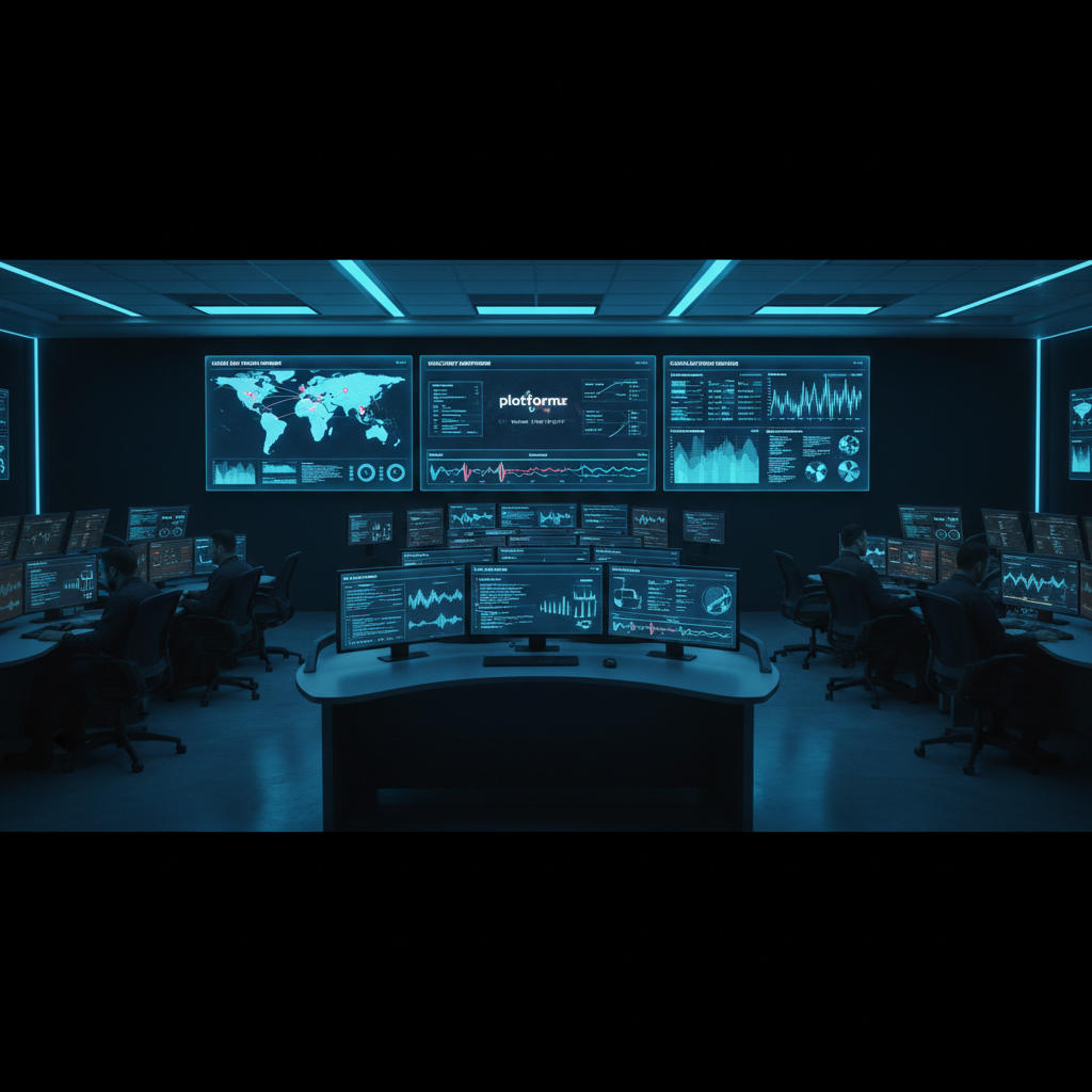 A panoramic, cinematic shot of a dimly lit operations center where every screen displays variations of the Platformz unified dashboard. Large wall displays show global maps with service regions, rolling graphs, and incident timelines; smaller monitors present drill-down views of individual projects and case studies. The color palette is dominated by deep navy, charcoal, and electric cyan, with data visualizations glowing softly against the dark environment. Ceiling-mounted LED strips provide subtle ambient light, leaving the screens as primary light sources, casting a cool glow onto nearby surfaces. The composition uses a wide-angle lens and rule-of-thirds framing to draw the eye toward the central “single pane” view. Photographic realism with a focused, mission-critical mood.