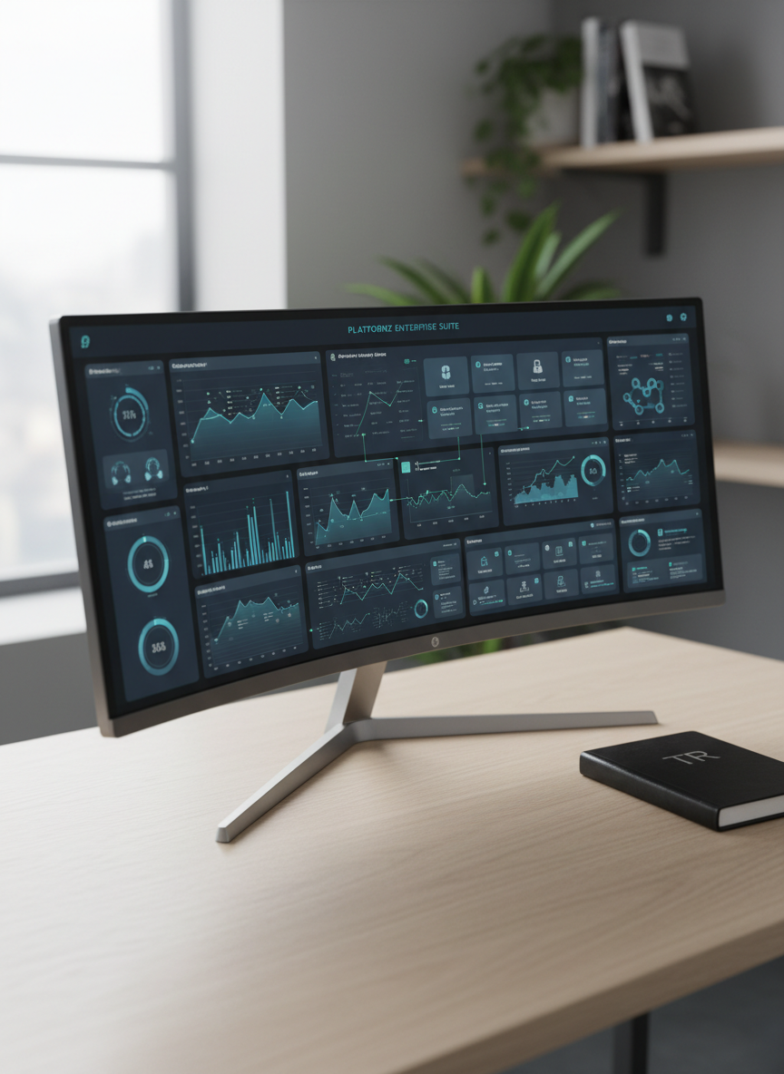 A sleek, ultra-wide monitor filled with a unified Platformz dashboard, displaying interconnected analytics panels, live system metrics, and project tiles in a harmonious grid. The interface uses subtle blues, charcoal grays, and accent greens, with crisp vector-style charts and maps. The screen sits on a clean, light-wood desk beside a closed notebook with the embossed initials “TR” as a quiet nod to Tim Roberts. Soft, indirect daylight from a nearby window reflects gently off the monitor’s bezel, creating a calm, focused atmosphere. Shot at eye level with slight depth of field so the dashboard elements are razor sharp while the background fades into a minimalist tech workspace. Photographic realism with a modern, professional aesthetic.