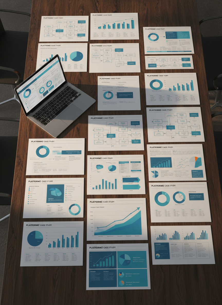 An overhead view of a long, dark-wood table covered with printed Platformz case study materials: glossy one-pagers showing annotated dashboards, system architecture diagrams, and before-and-after performance graphs. Each sheet has bold, color-coded sections in blues and teals that clearly stand out against the wood grain. A slim metallic laptop off to one side displays a matching Platformz project dashboard. Late-afternoon natural light pours in from the left, casting long, soft shadows and highlighting paper textures and ink details. The composition is carefully arranged to feel like a curated project spread, with sharp focus throughout the image. Photographic realism conveying professionalism, clarity, and real-world impact.